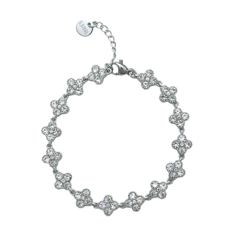 Klavertjes armband met strass steentjes zilver